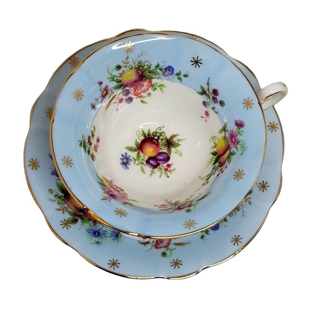 Vtg E.B Foley Beautiful Cup & Saucer Fruit Floral Sky Blue Wide Mouth Gold Rim - Picture 3 of 12